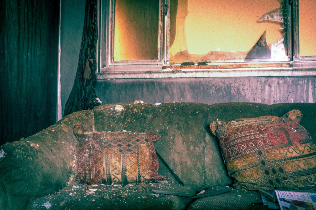 Fire and smoke damaged furniture in a single family home.